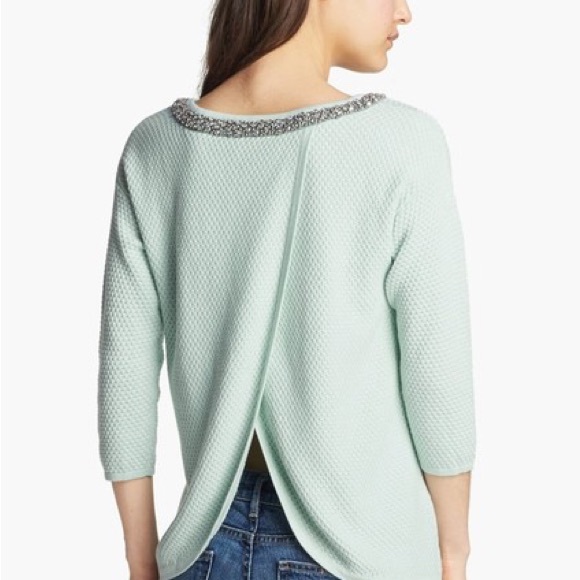 Hinge Nordstrom jeweled neckline waffled 3/4 sleeved split back knit sweater XS - Picture 3 of 11